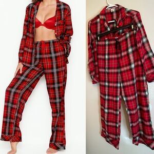 Victoria’s Secret red plaid holiday Christmas pajama set flannel shimmer M